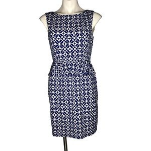 Donna Morgan Blue and White Print Peplum Sheath Dress